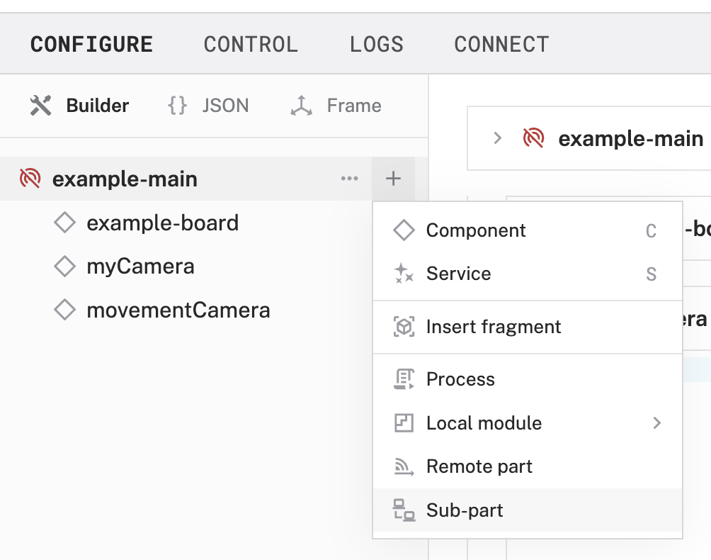 The create part dropdown open.